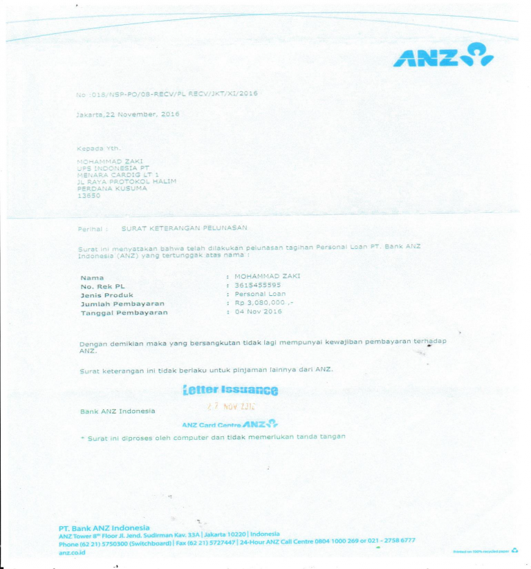 Surat Lunas Bank ANZ