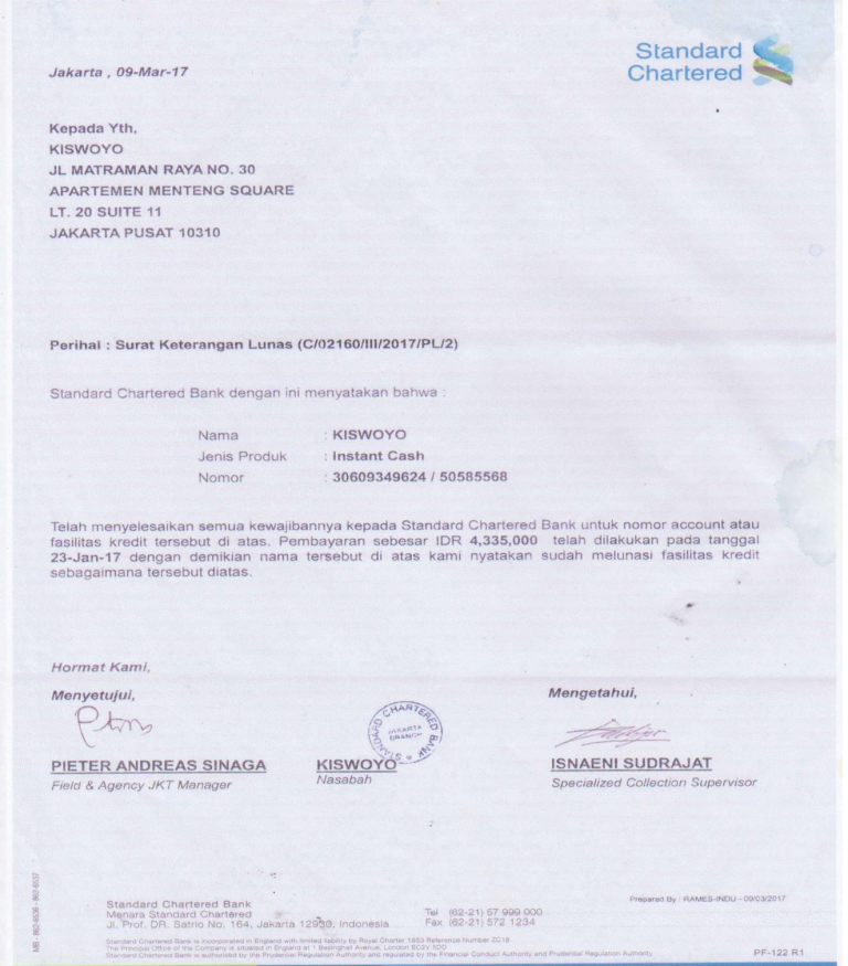 Surat Lunas Bank Standart Chartered