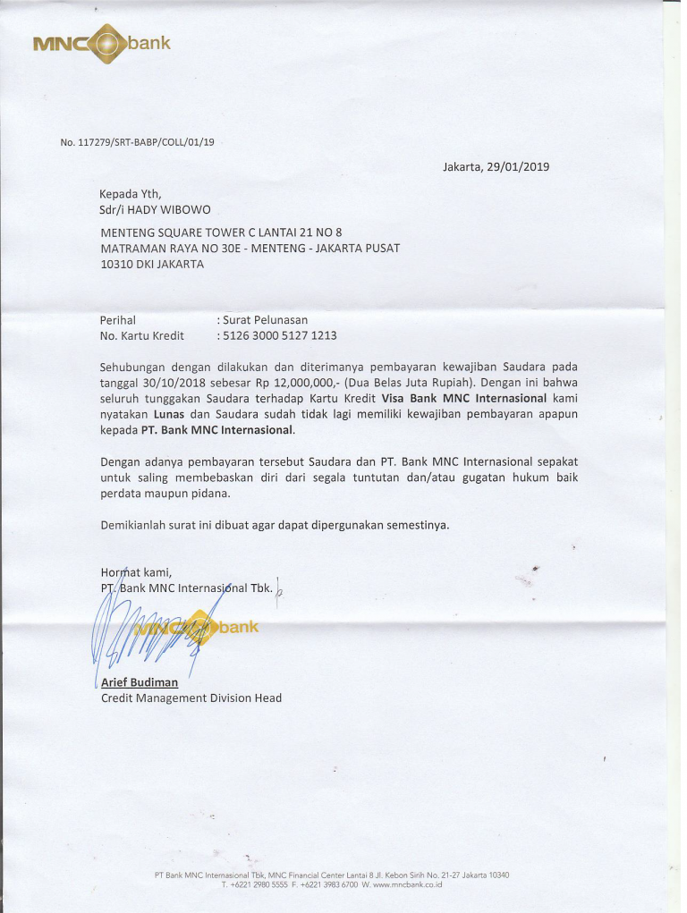 Surat Lunas Bank MNC